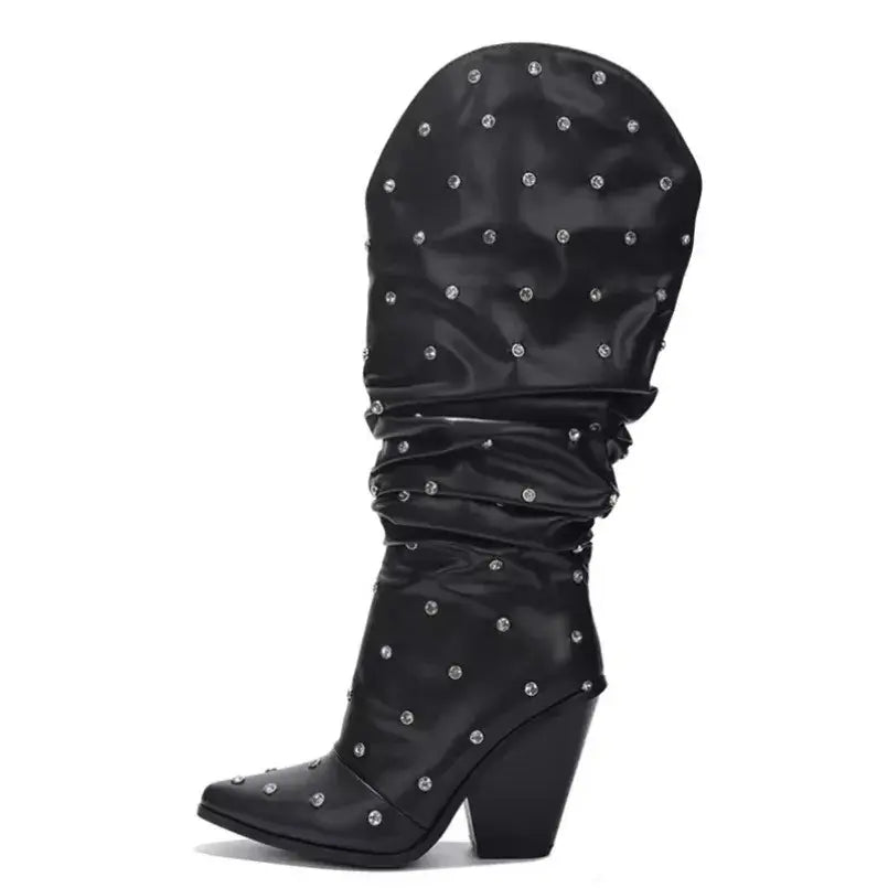 Fancy Swing Pleated Upper Long Cowboy Boots with Rhinestone