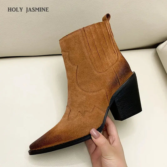 Genuine Leather Western Ankle Boots with Thick Square Heel