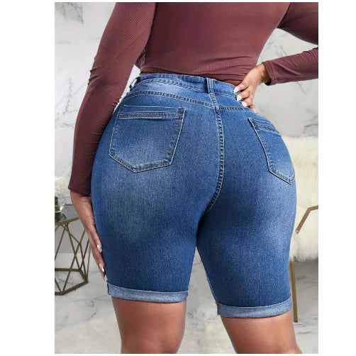 Plus Size Women's Ripped Denim Shorts with Roll Hem