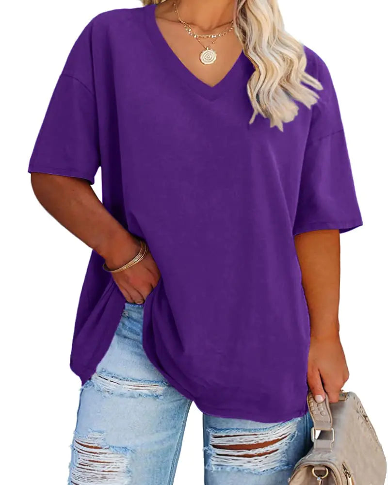 Women's Plus Size V Neck T Shirts Summer Half Sleeve Tees Casual Loose Fit Cotton Tunic Tops XX-Large Plus Khaki