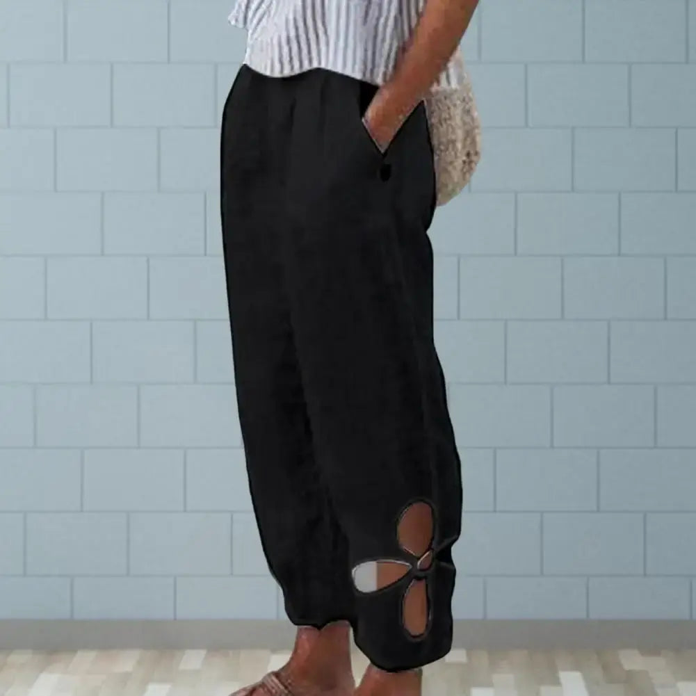 Summer Women Pants Solid Color Hollow Out Ankle Trousers