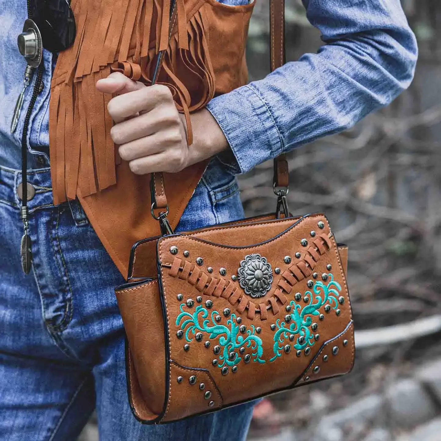 Embroidered Western Leather Purse Shoulder Bag