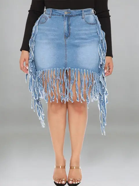 Tight Plus Size Denim Skirt Short Skirt with Tassel