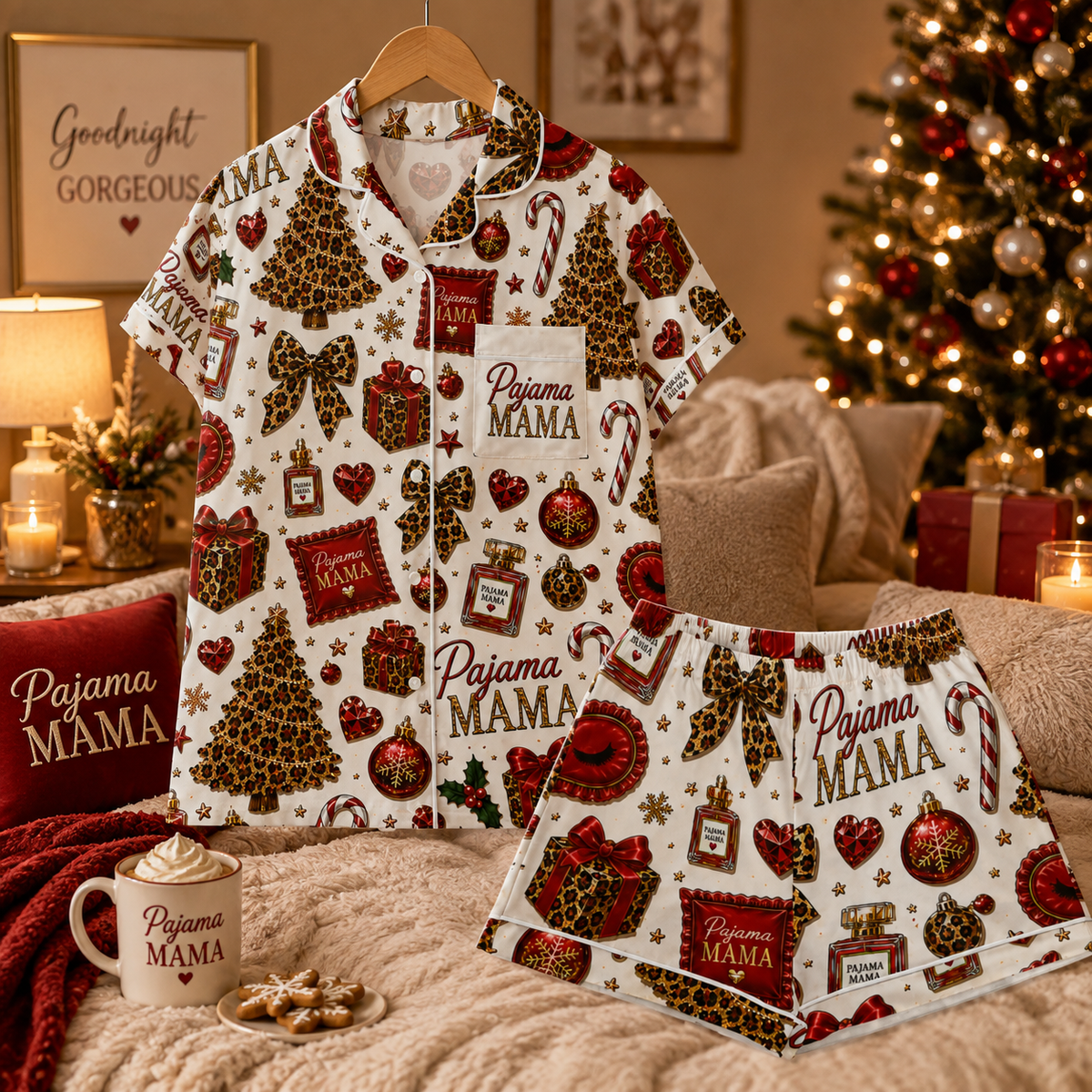 Pajama Mama™ Merry & Wild Luxe Christmas Pajama Shorts Set – Red Cheetah Holiday Pajamas