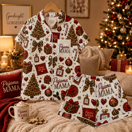 Pajama Mama™ Merry & Wild Luxe Christmas Pajama Shorts Set – Red Cheetah Holiday Pajamas