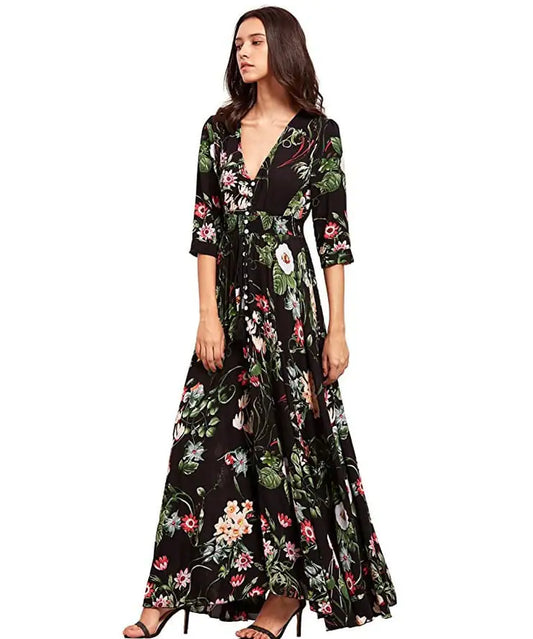 Bohemian Floral Button-Up Maxi Dress