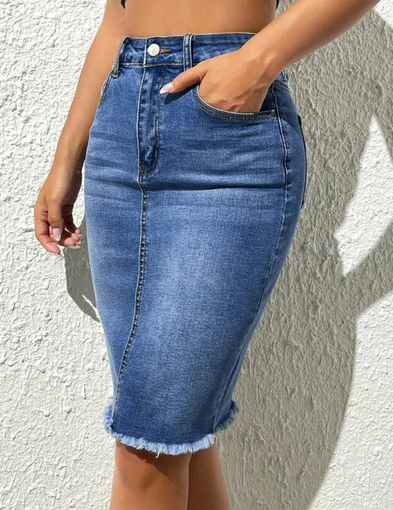 Summer New High Elastic Raw Edge Denim Skirt for Women