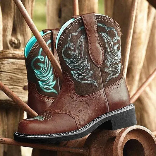 Retro Western Embroidered Mid-Calf Cowboy Boots for Women