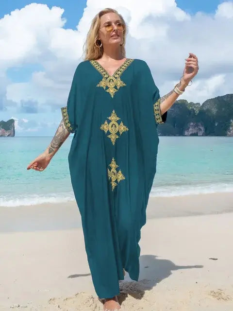 Plus Size Elegant Gold Embroidered Kaftan Retro V-neck Dress