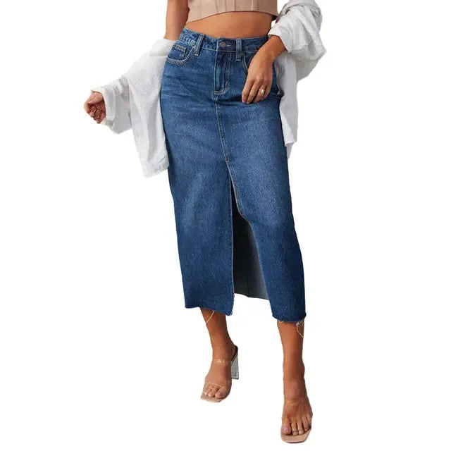 Women High Waist Long Denim Skirt with Slit and Pockets