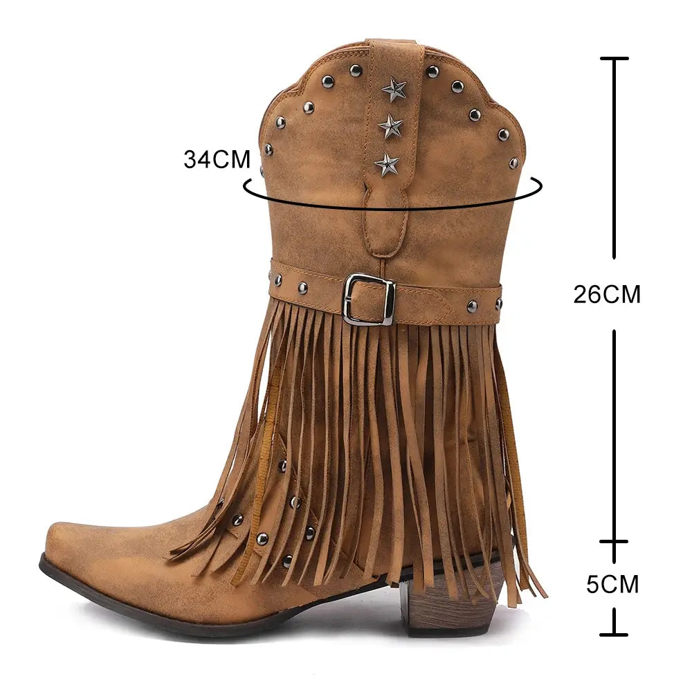 Women Vintage Ethnic Western Cowboy Boots Rivets 5cm Block Heel Boot Tassel Fringe Booties