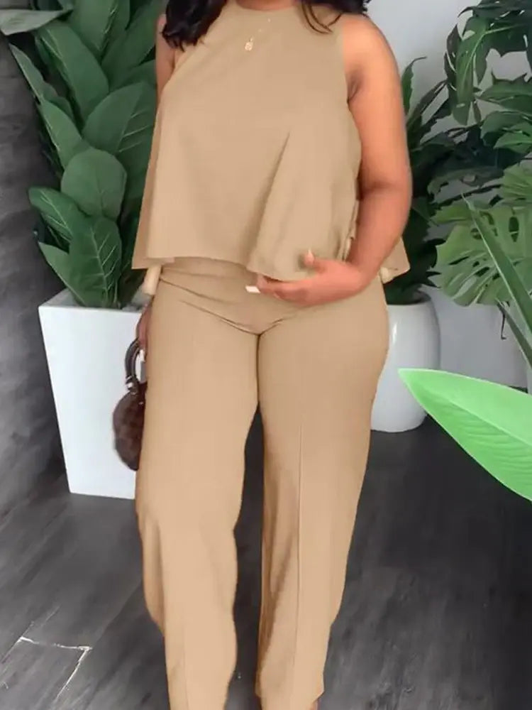 Plus Size Women's Solid Round Neck Tank Top & Pants 2 Piece Set