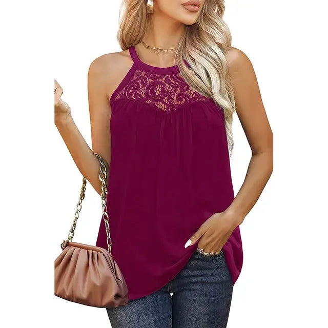 Women's Sleeveless Loose Fit Tank Tops with Lace Halter Top