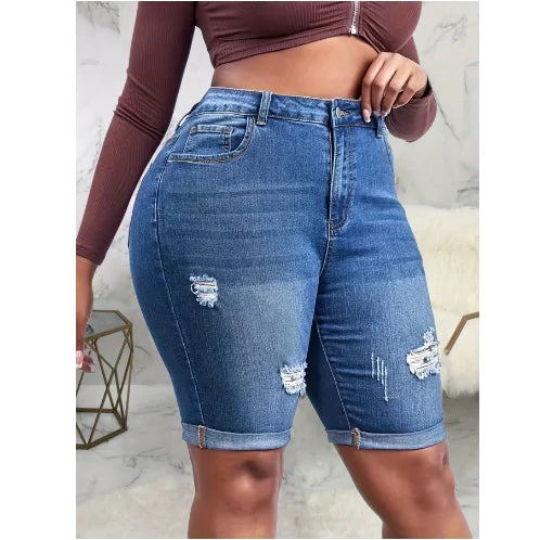 Plus Size Women's Ripped Denim Shorts with Roll Hem