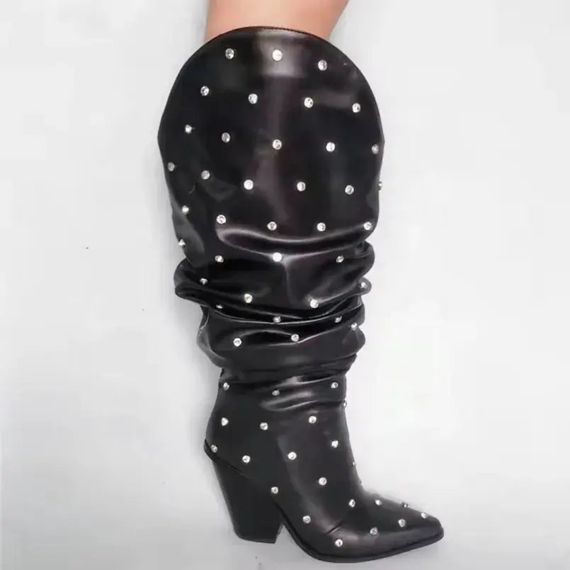 Fancy Swing Pleated Upper Long Cowboy Boots with Rhinestone