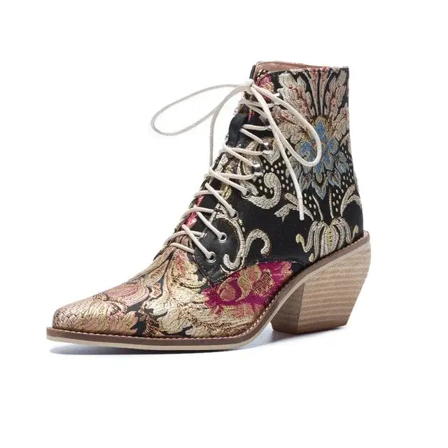 Women's Victorian Embroidered Flowers Blue Boots
