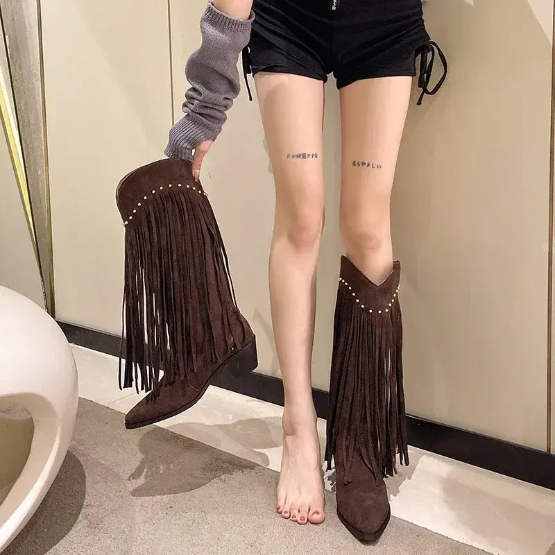Autumn Winter Women's Pionted Toe Chunky Heel Knee High Boots with Tassels