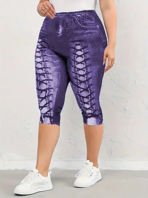 Plus size Four Seasons New Fashionable and Elegant Digital Printing 3D Imitation Denim Women's Middle Pants