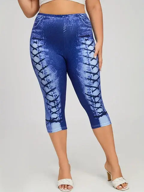 Plus size Four Seasons New Fashionable and Elegant Digital Printing 3D Imitation Denim Women's Middle Pants