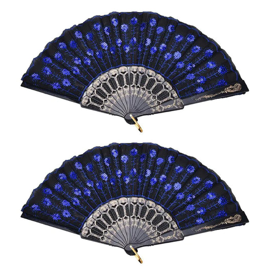 Winture Peacock Hand Fans Spanish Folding Hand Fan Flower Dancing FansSummer Handheld Folding Fans Party Favors for Girls Women (Royal Blue 2 PCS)