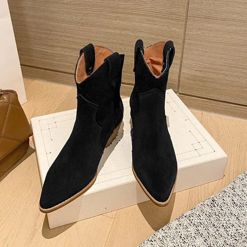 Chelsea Cow Suede Pointy Toe Wedge Heel Ankle Boots