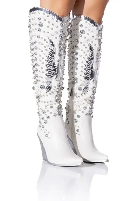 Pointed Toe Thick Heel Western Boots with Rhinestones