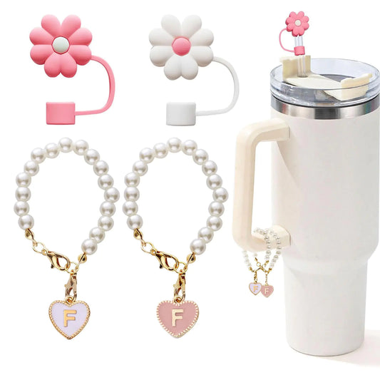 4pcs Charms  and Strawcovers for Stanley Cup，20oz Tumblers, Pearl Chain Accessories Stanley Cup Initial Letter Charms for Handle with 2pcs straw covers Stuff Decor Water Bottle Jewelry Tumbler Personalized Decorations ID Q