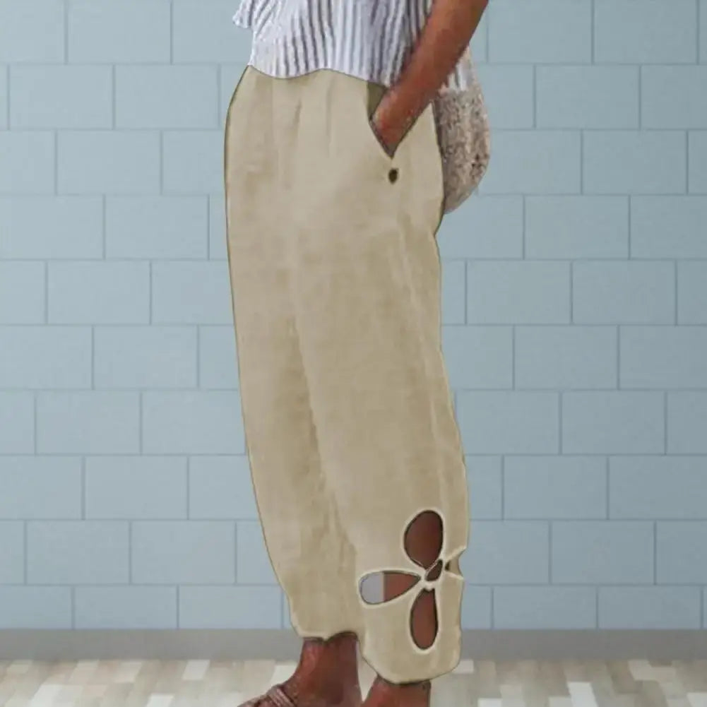 Summer Women Pants Solid Color Hollow Out Ankle Trousers