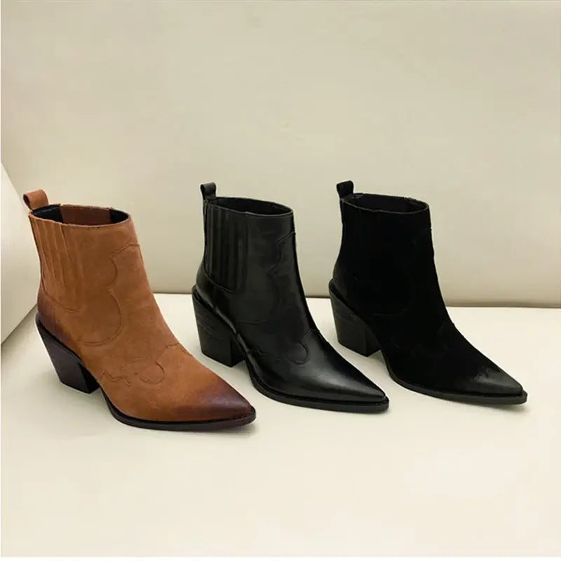 Genuine Leather Western Ankle Boots with Thick Square Heel
