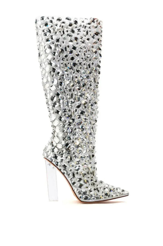 Knee High Boots Crystal Inlay High Heels Boots with Transparent Heel