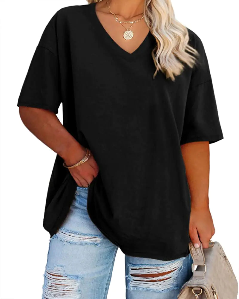 Women's Plus Size V Neck T Shirts Summer Half Sleeve Tees Casual Loose Fit Cotton Tunic Tops XX-Large Plus Khaki