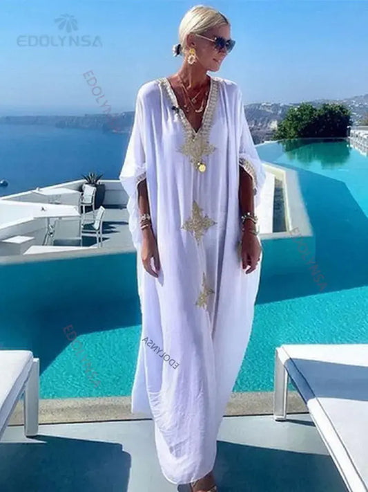 Plus Size Elegant Gold Embroidered Kaftan Retro V-neck Dress