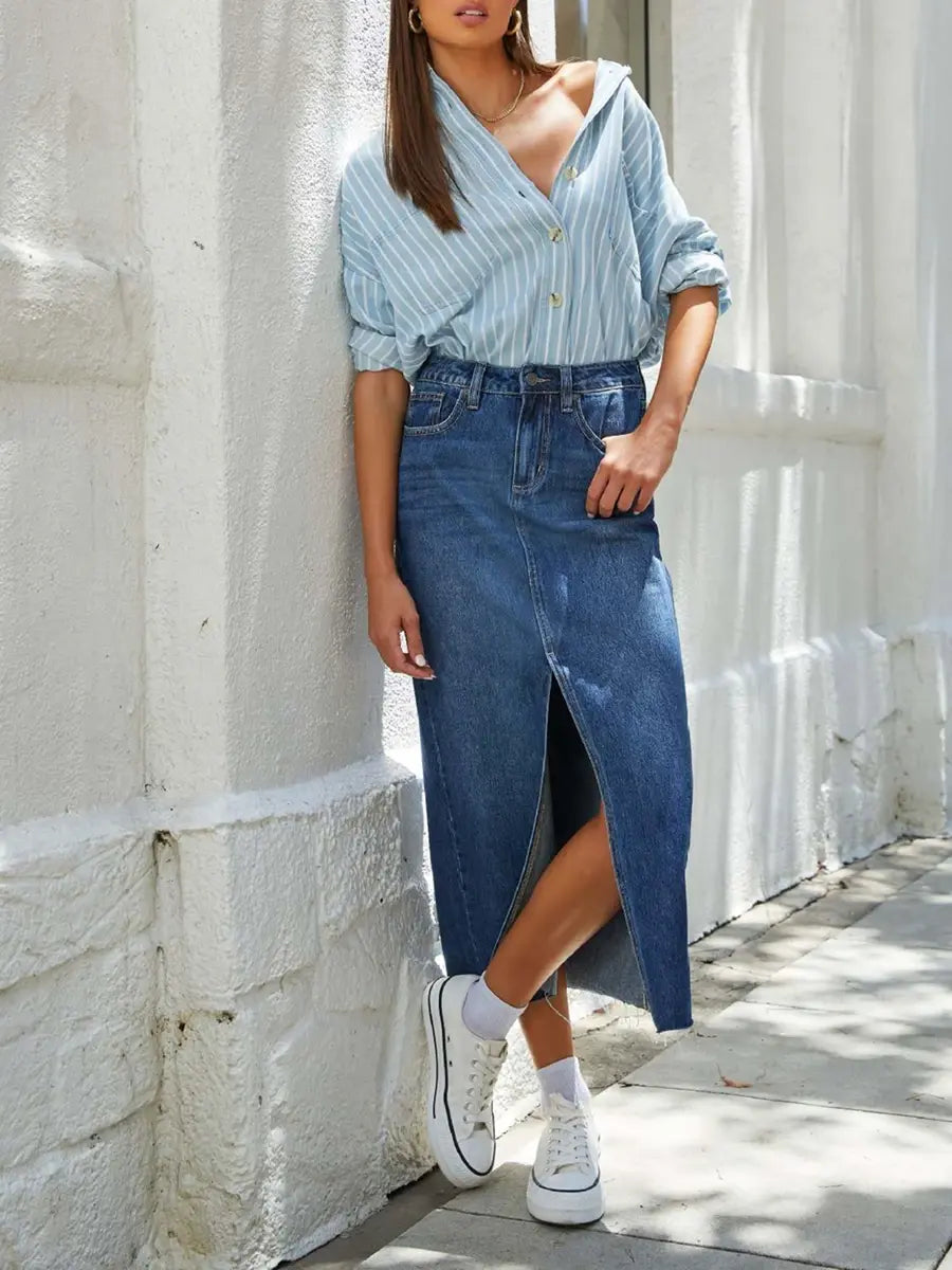 Women High Waist Long Denim Skirt with Slit and Pockets