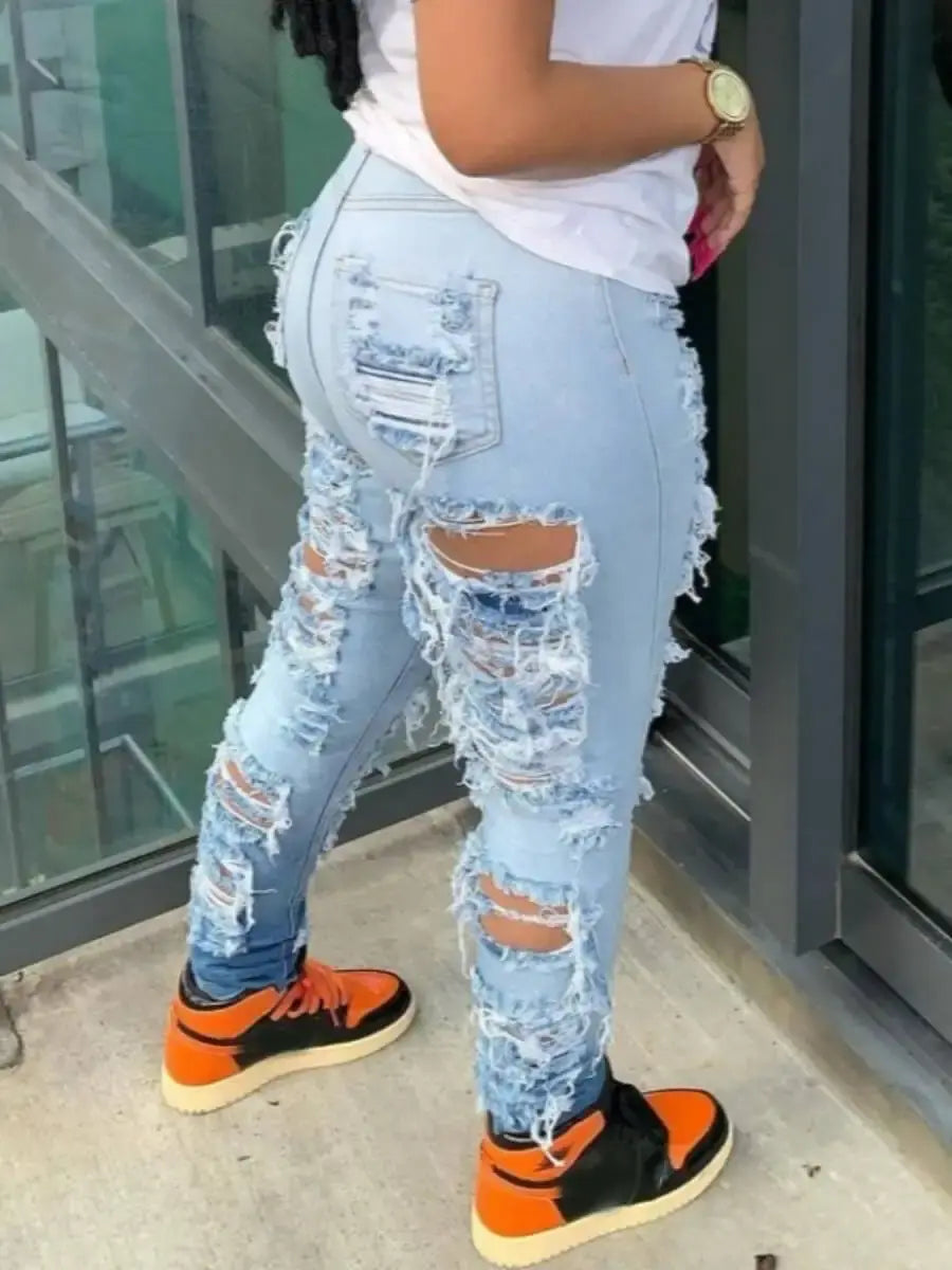 Plus Size Skinny High Waist Street Hipsters Ripped Baby Blue Stretchy Denim Jeans