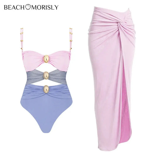 Color Block Women Swimsuit and Sarong Two-piece Set
