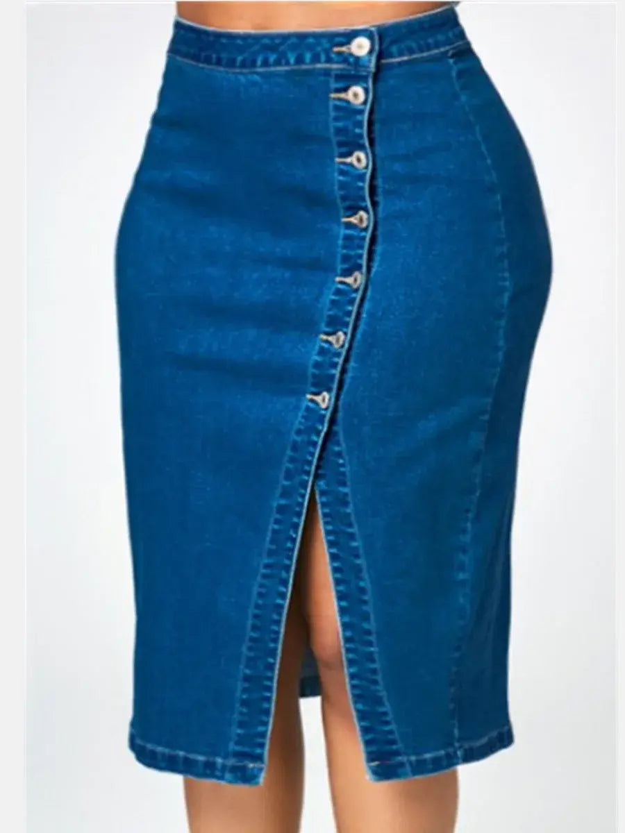Women's Long Denim Pencil Skirt with Slit