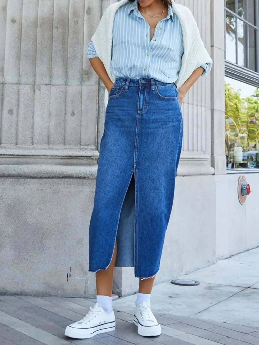 Women High Waist Long Denim Skirt with Slit and Pockets