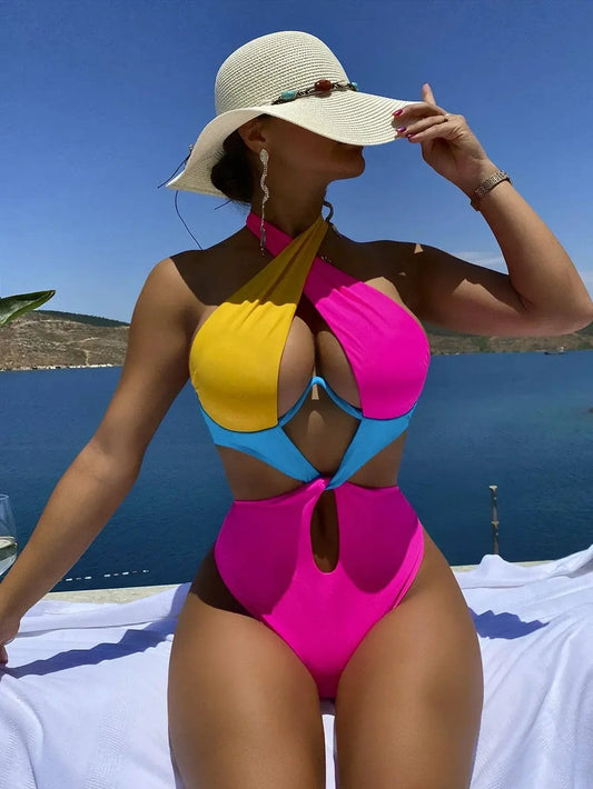 Contrast Color Swimwear Women Halter Cross with Underwire