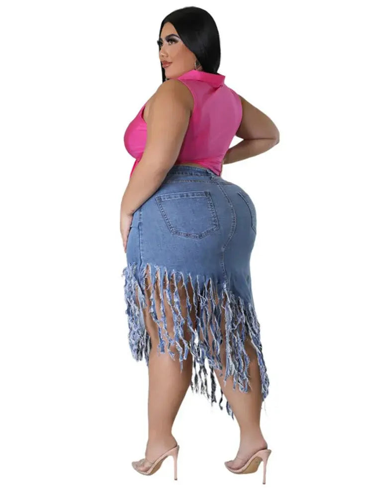 Plus Size Women's Denim Maxi with Tassels