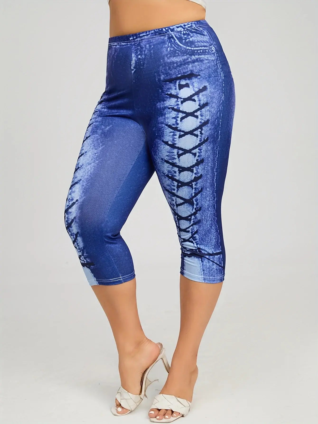 Plus size Four Seasons New Fashionable and Elegant Digital Printing 3D Imitation Denim Women's Middle Pants