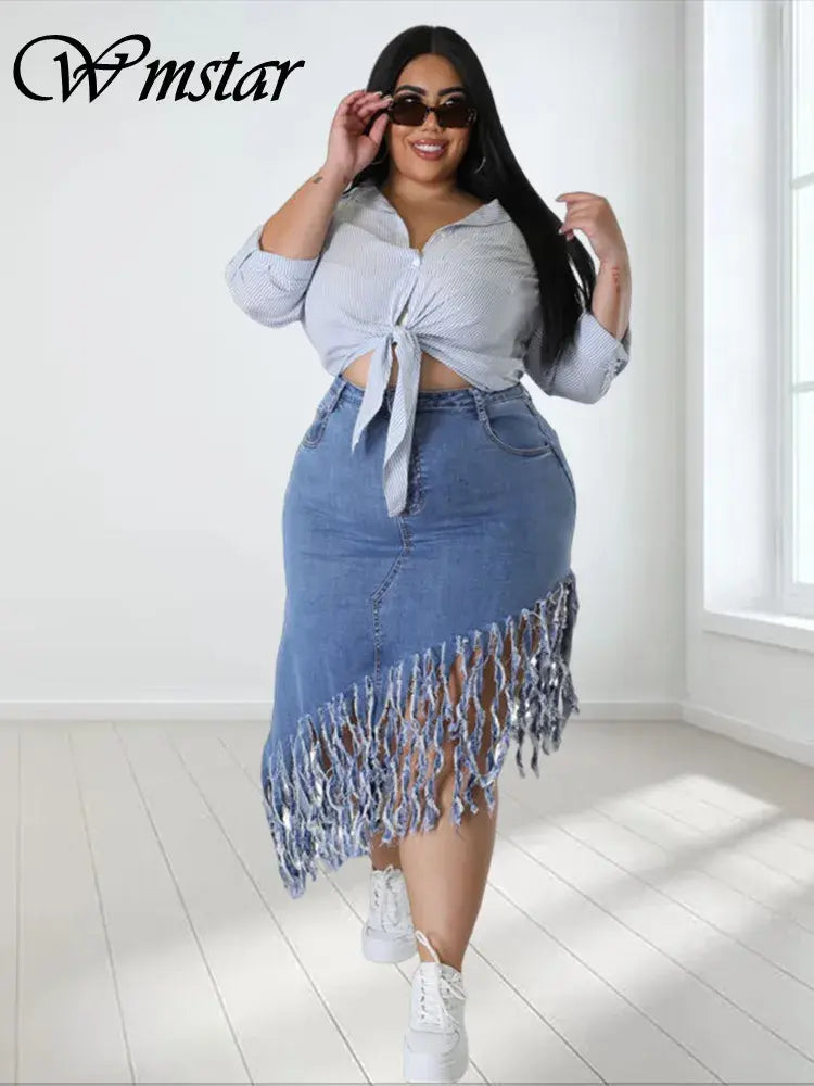 Plus Size Women's Denim Maxi with Tassels