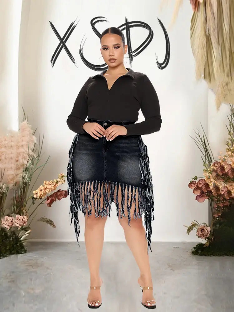 Tight Plus Size Denim Skirt Short Skirt with Tassel