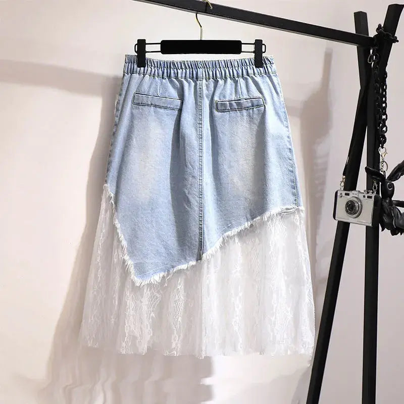 Plus Size Women's Mesh Panel Blue Denim Skirt