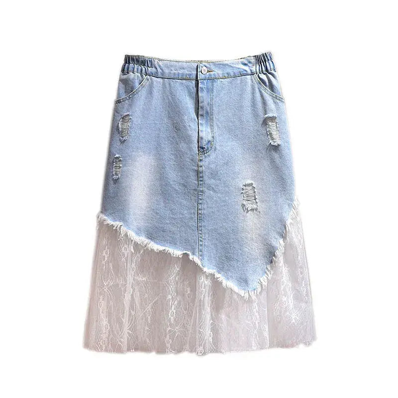Plus Size Women's Mesh Panel Blue Denim Skirt