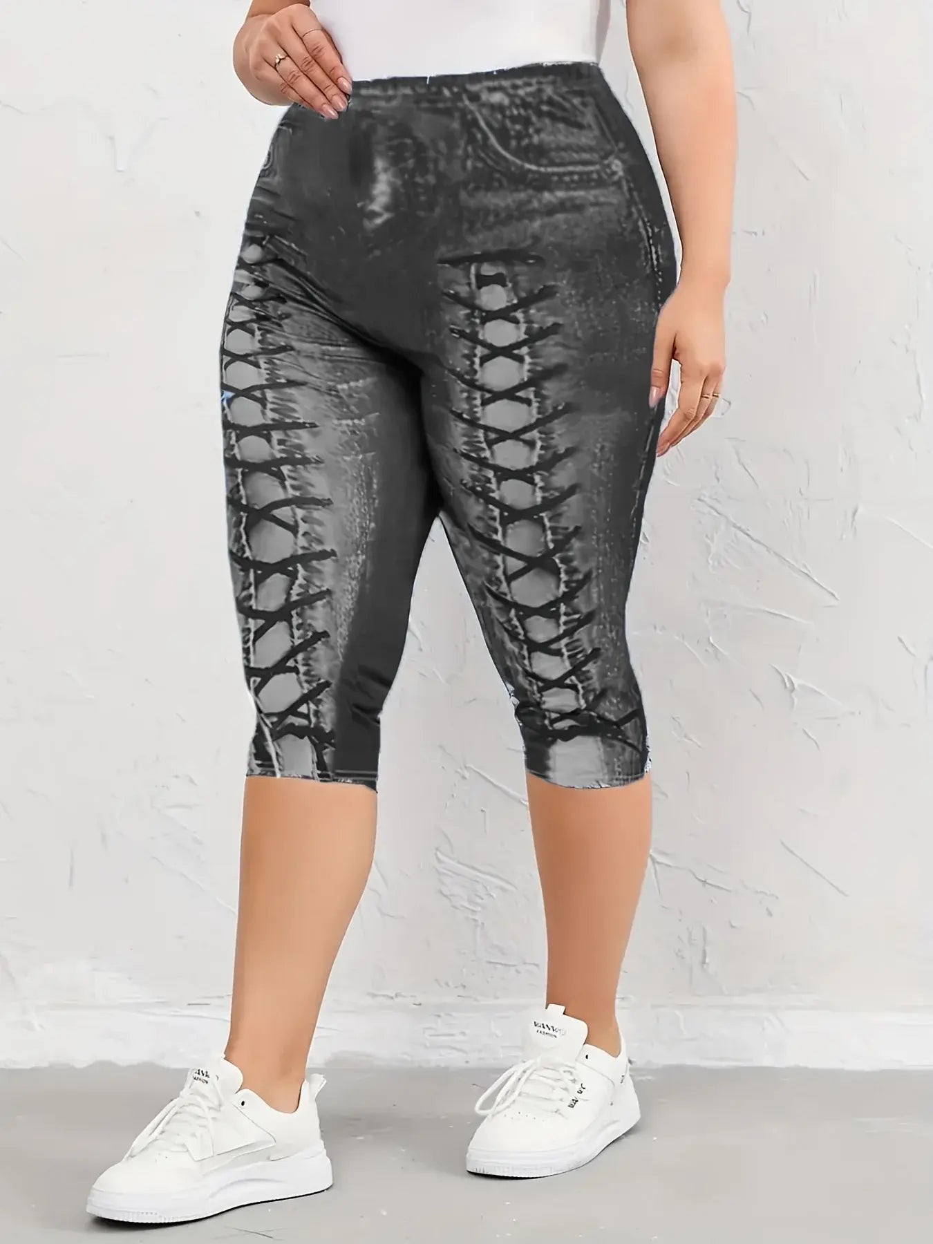 Plus size Four Seasons New Fashionable and Elegant Digital Printing 3D Imitation Denim Women's Middle Pants