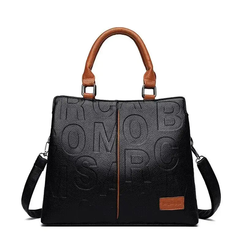 Solid Color Shoulder Large Capacity Soft Leather Cloth Letter Embossed Ladies Handbag
