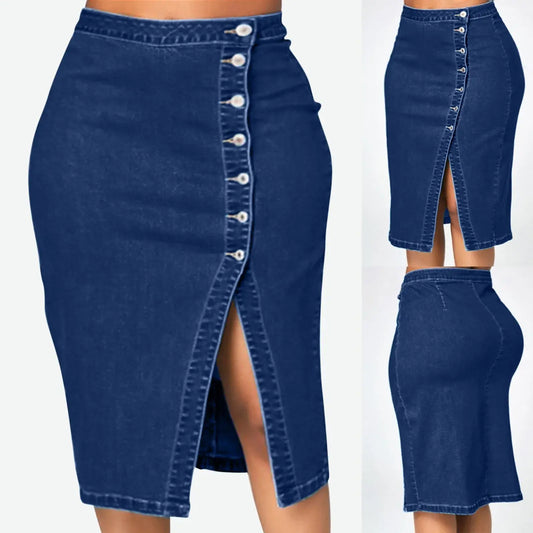 Women's Long Denim Pencil Skirt with Slit