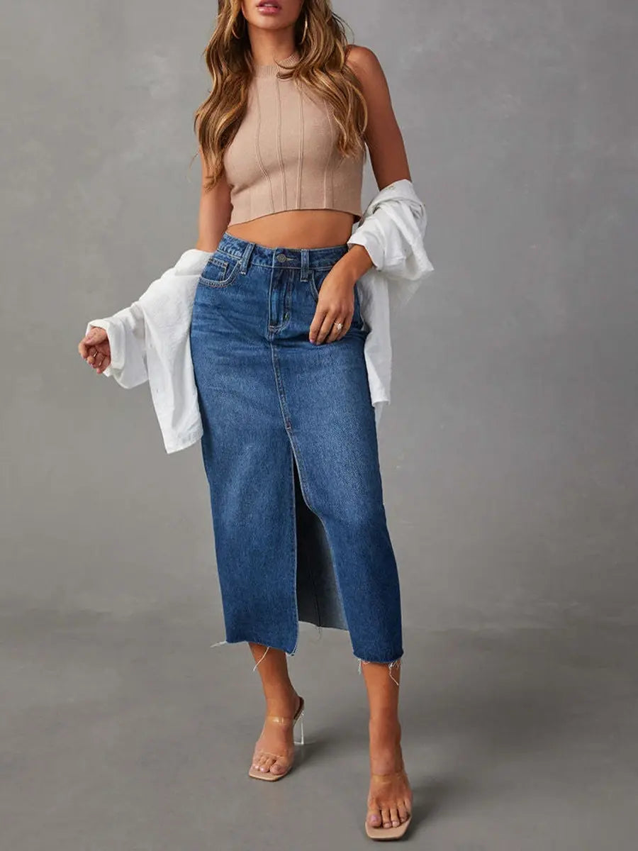Women High Waist Long Denim Skirt with Slit and Pockets