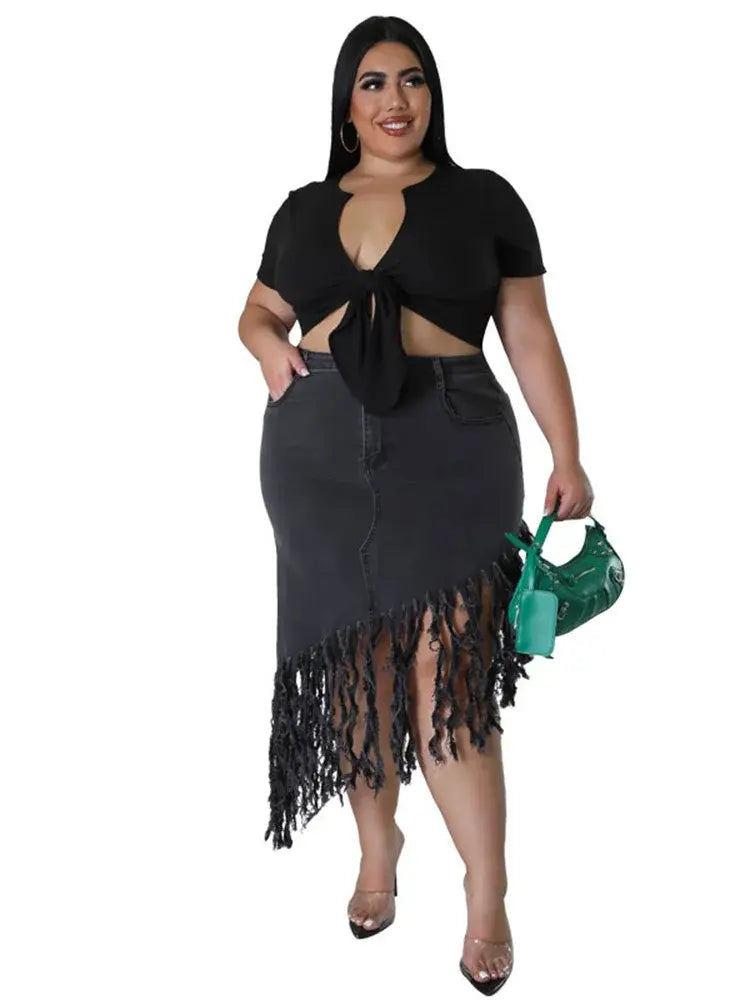 Plus Size Women's Denim Maxi with Tassels