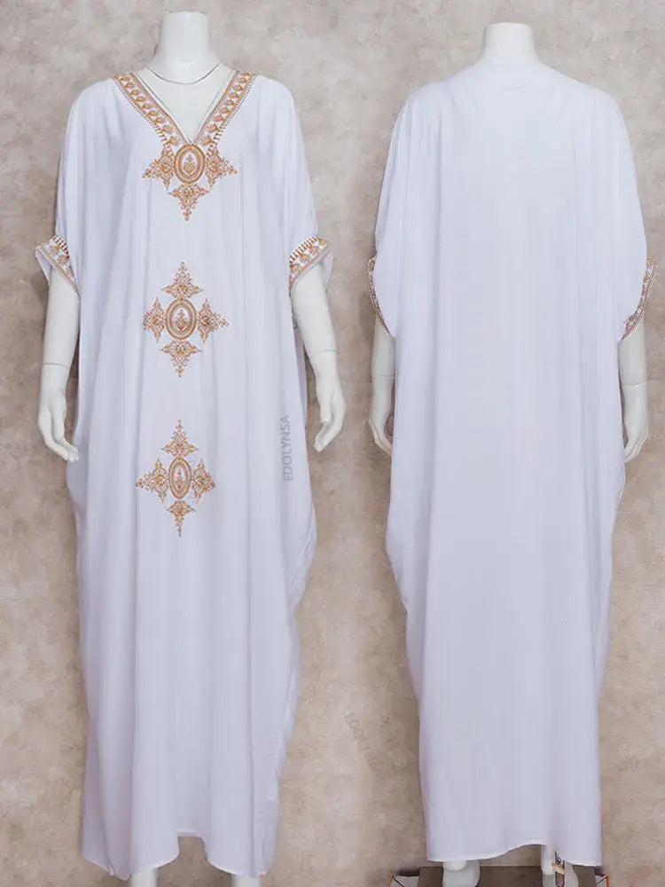 Plus Size Elegant Gold Embroidered Kaftan Retro V-neck Dress